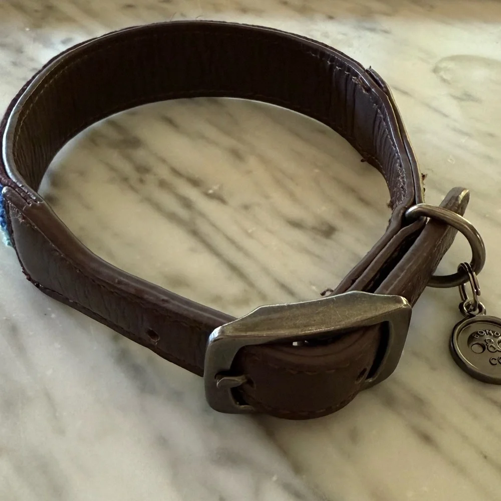 BOND & CO Blue Green Wool Dog Collar Adjustable Medium